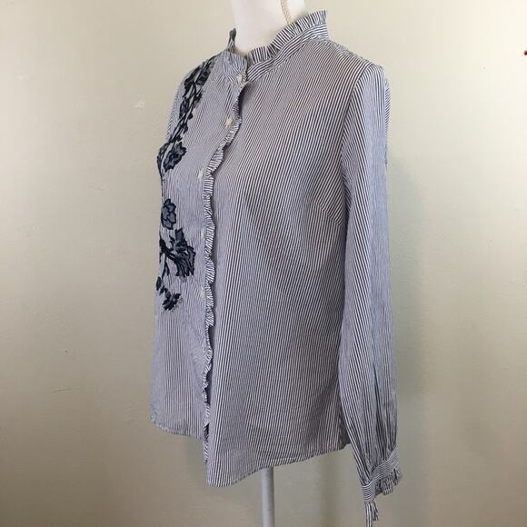Crown & Ivy Stripe Blouse With Floral Embroidery Size Medium - Picture 7 of 10